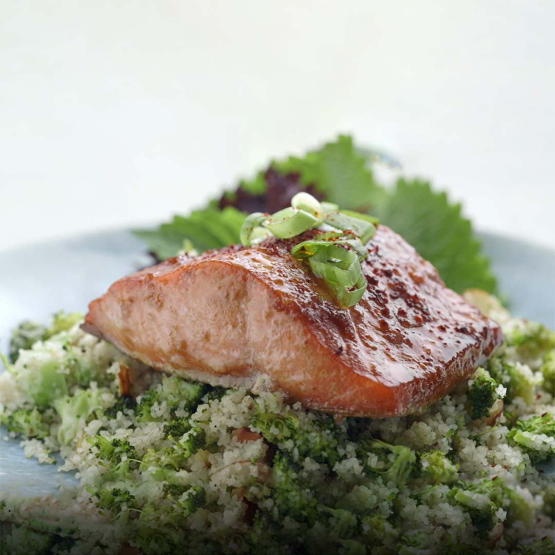 Miso salmon with broccoli fonio